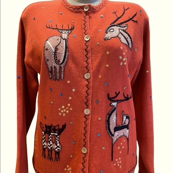 Vintage Great Cavalier Vintage Button deer patchwork knit sweater SZ S Orange - Picture 2 of 10